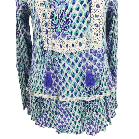 Lilly Pulitzer Amisa Top Size M Crochet Boho Bell Sleeves V-neck Tassel Blue - Picture 5 of 13